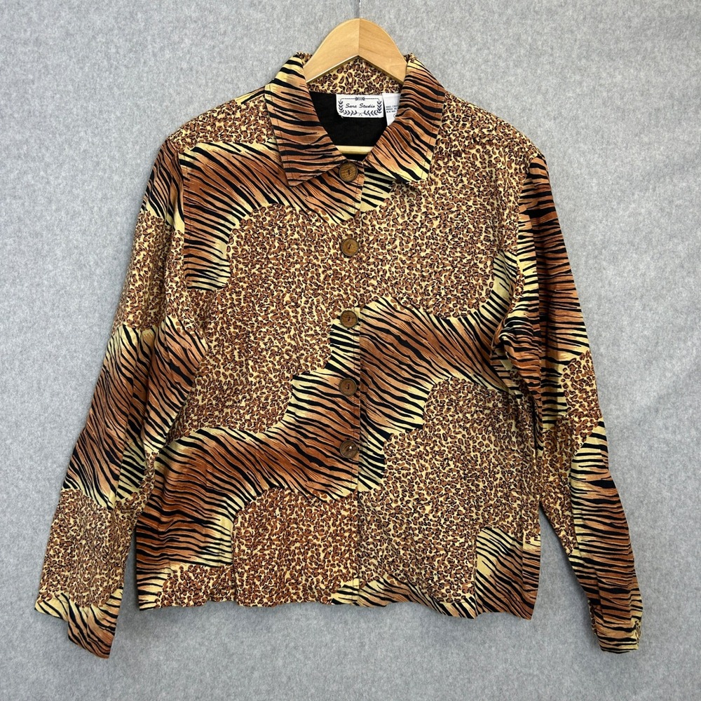 Sara Studio Jacket Brown Mixed Animal Print Tiger Leopard Safari Cotton Women XL